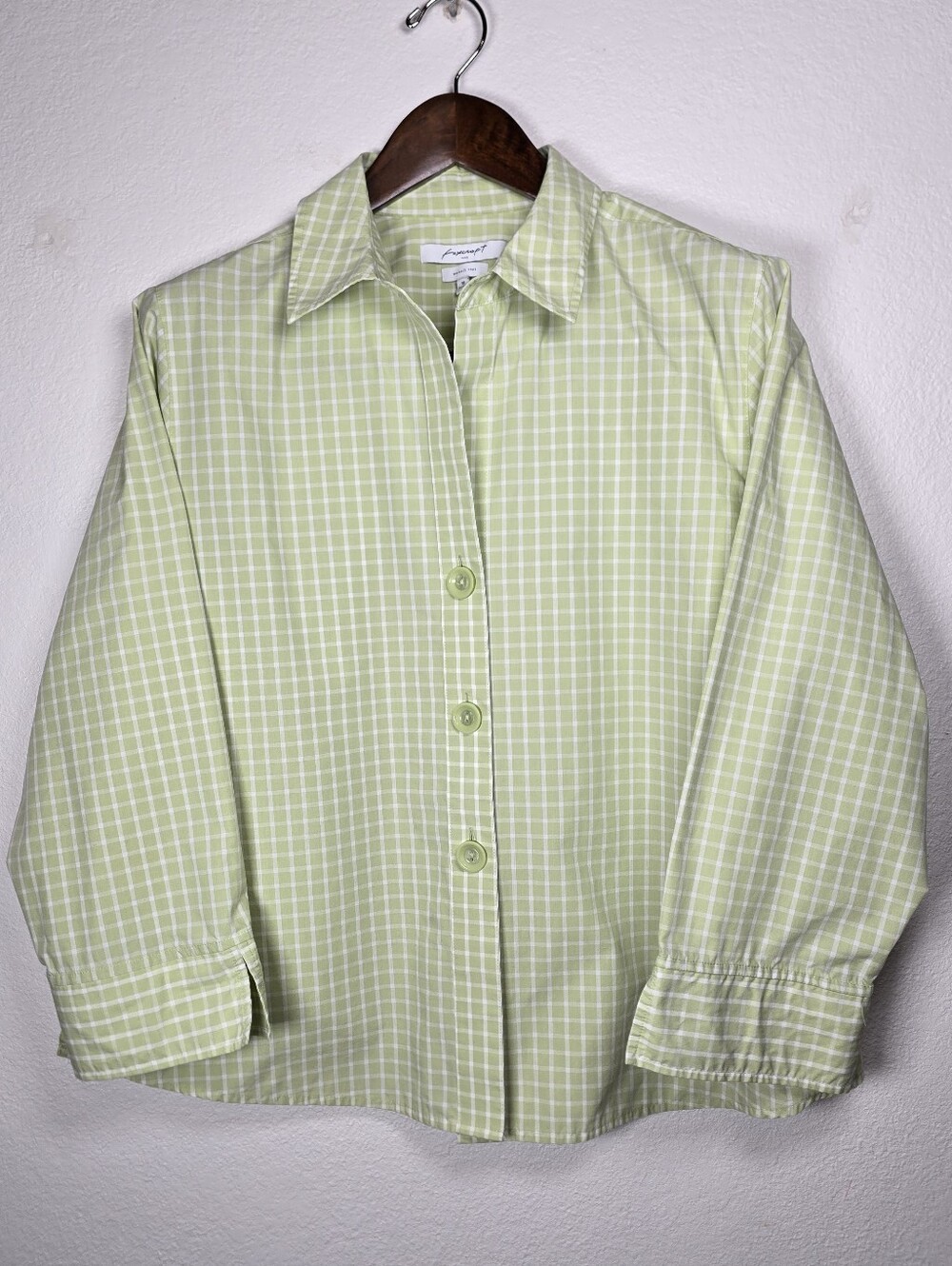Foxcroft Lime Green Gingham Plaid Button Up Shirt Size 18 Wrinkle Free Shaped
